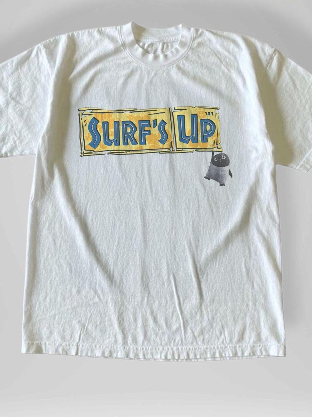 Gildan White Tee with Yellow and Blue "Surf's Up" Graphic